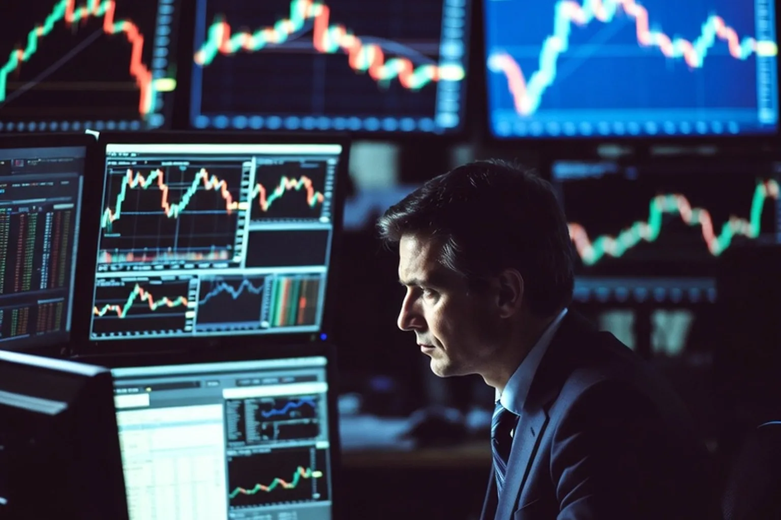 Trader reflecting on performance in front of a dark multi-monitor desk
