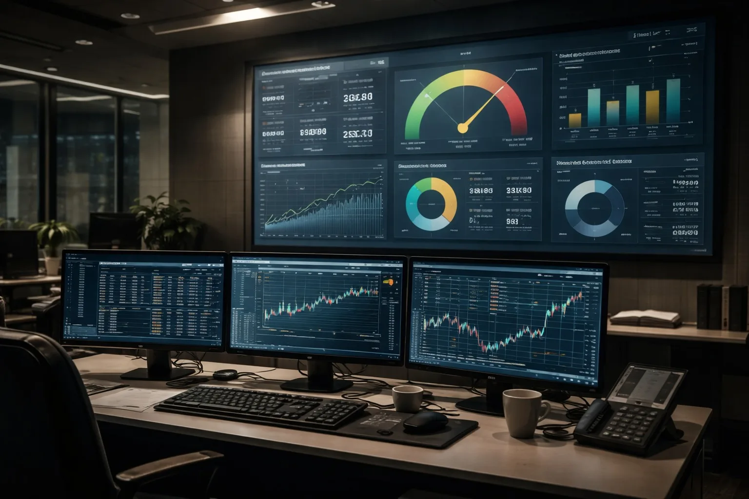 Professional trading desk with discipline score and compliance review screens