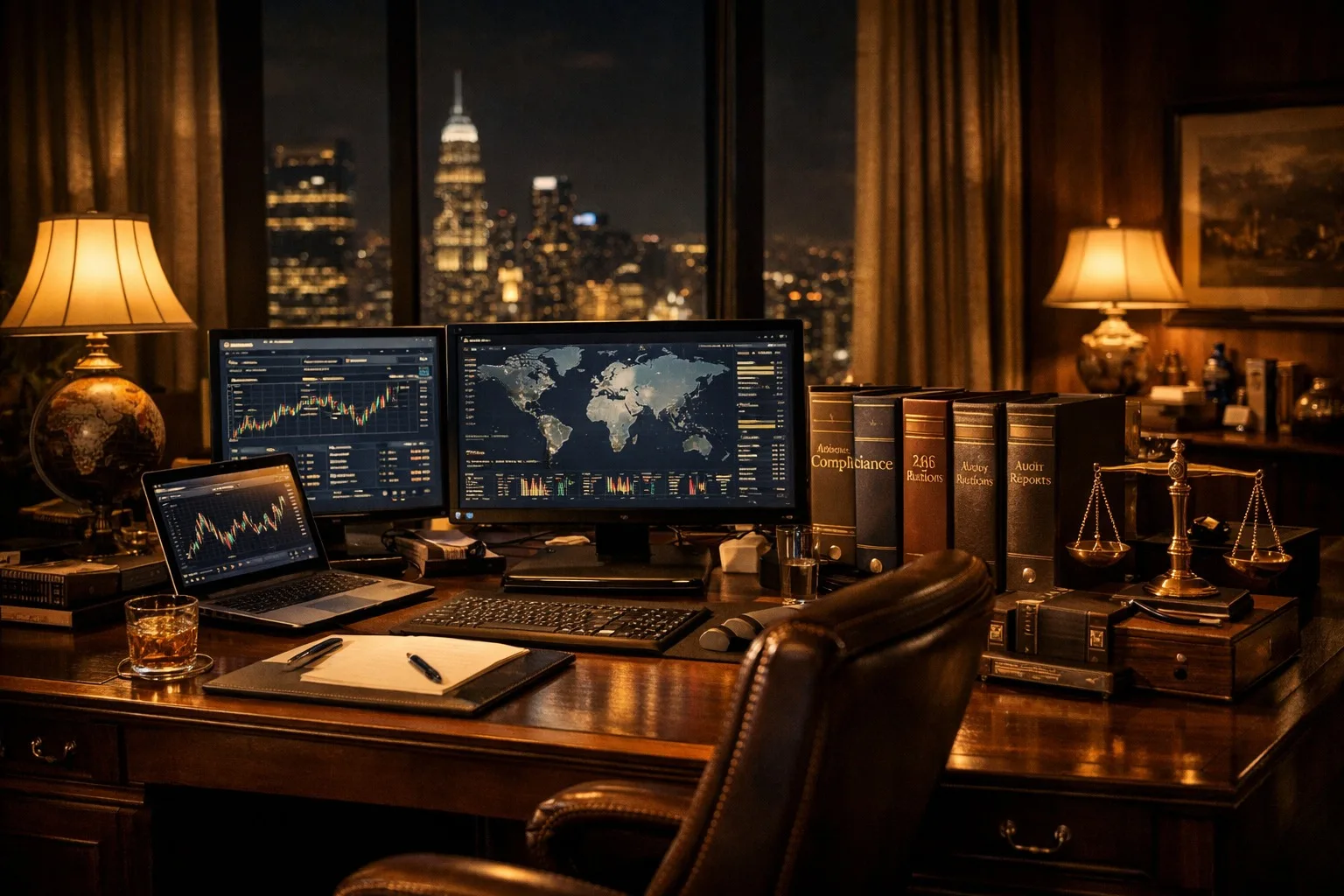 Institutional trading desk with governance and risk review environment