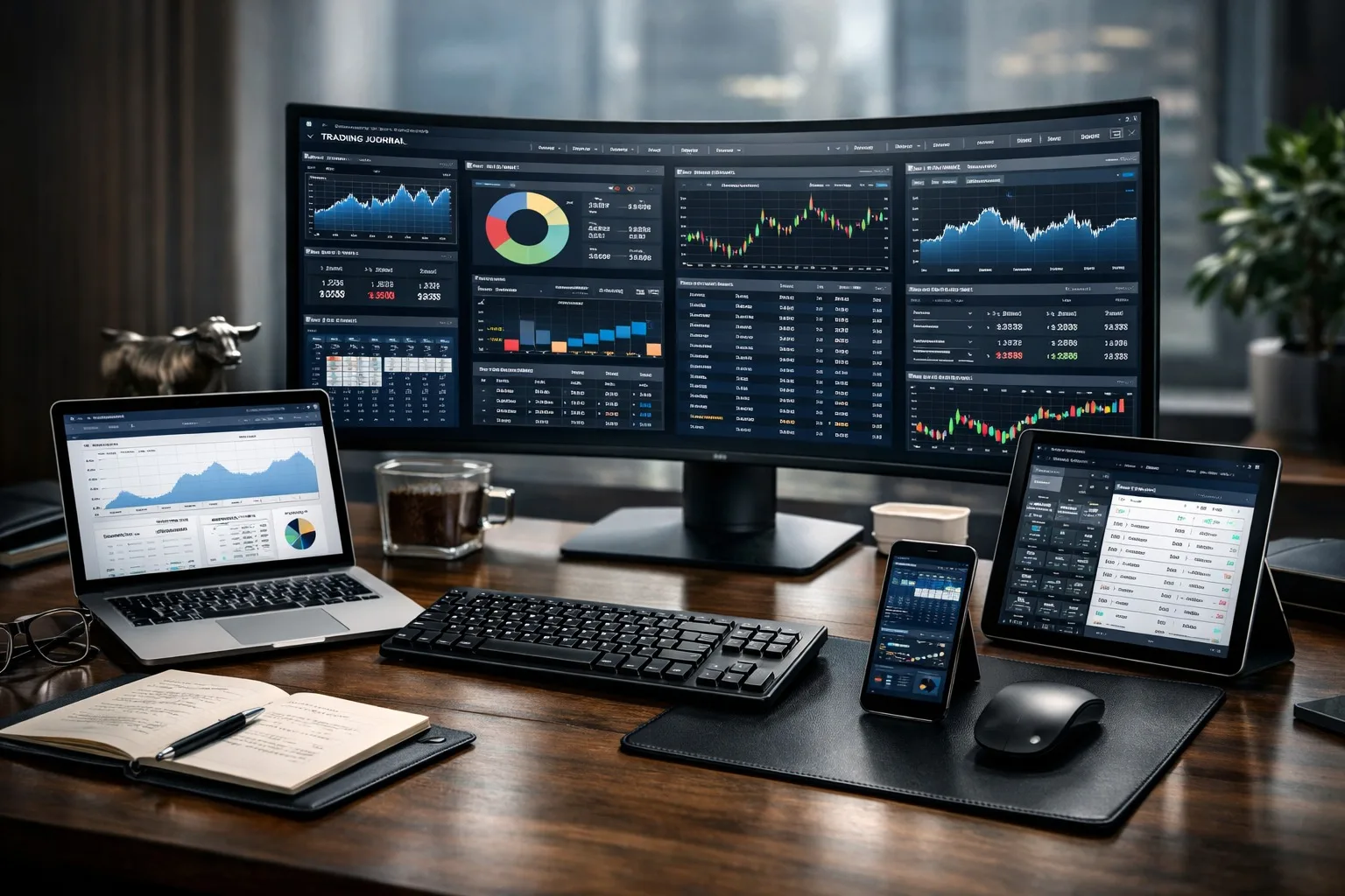 Trading journal software comparison screens on a professional multi-monitor desk