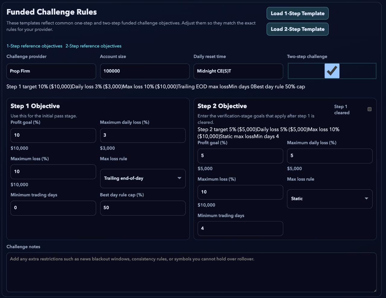 TradeRefinery funded challenge rules screen showing provider, account size, daily reset time, step objectives, max daily loss, max loss rule, minimum trading days, and challenge notes.